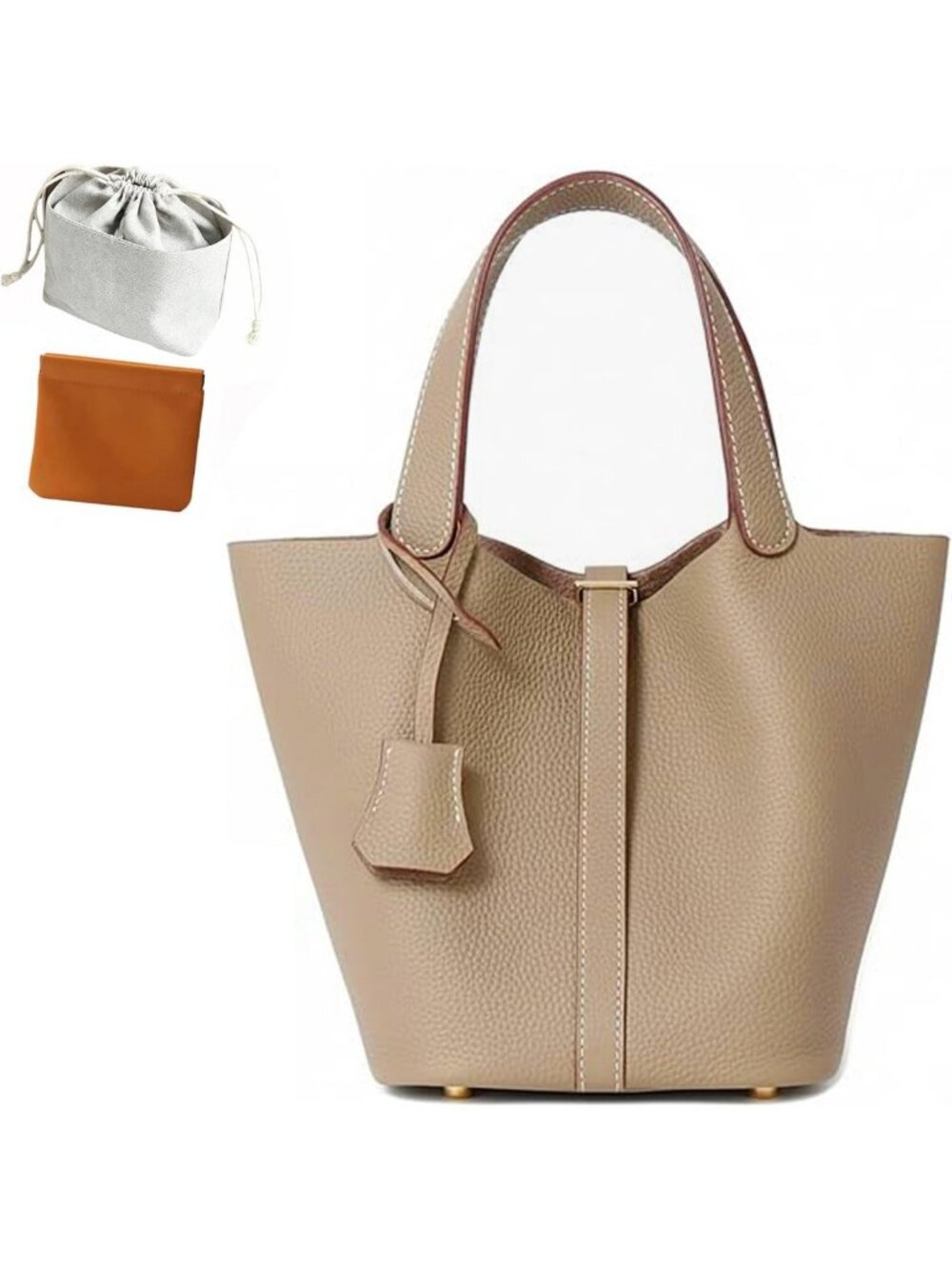 Stylish Genuine Leather Bucket Bag with Lock Design - Small/Large, Fashionable